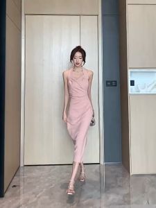 7828 pink dress korean style woman dinner parti elegant sleeveless long dress plus size 2023 V-Neck Plain Elegant