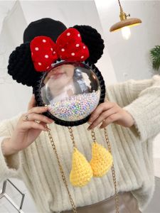 Mickey Hand-Woven Bag Womens Knitting Wool DIY Material Bag Handmade Bag Homemade Bear Transparent Crossbody Bag