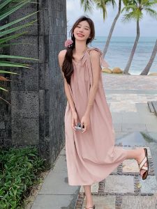 Pink French Style Strapless Dress Women Summer 2024 New Loose Slimming Beach Vacation Beautiful Long Dress A-Line Skirt