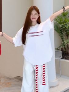 White Cotton Short Sleeve T-Shirt Womens Loose Fit Summer Style Korean Version Breathable Sweat Absorbent Printed Design