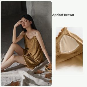 yuenei | Pure Cotton One-Piece Sleepwear Set With Chest Pad Womens Summer Short Sleeve Vest And Shorts Home Clothes Two-Piece Set