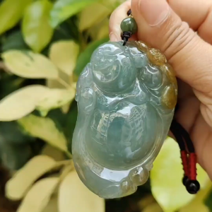New Arrival Singapore - High Quality Green with Yellow Crafted as Milo Buddha on Natural Type A Jadeite Jade as Pendant with certificate weighs 41.79 grams measurement 63.2 * 39.9 * 10.7 mm (pendant323)