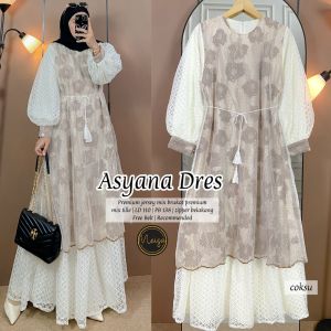 Asyana Dress Brukat Premium Mix Tile – Gamis Pesta Elegant LD110 PB138 Lengan Balloon Ada Tali Zipper Belakang – Navy/Green/Burgundy/Coksu