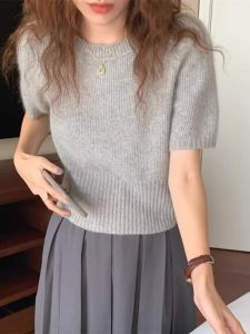 Gray Short Sleeve Knitted Sweater Womens Spring Autumn Bubble Sleeve round Neck Slim Fit Soft Inner Wear Commute Style Pure Color
