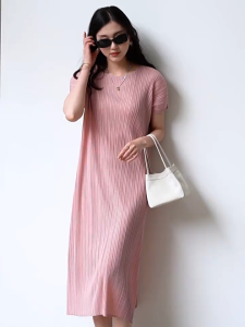5378 Crew Neck Casual A- Line Dress Summer Sanzhai Pleated Casual Loose Sleeve  One Size (45-75kg)