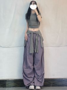 XXBUNI Summer Dancing Thin Grey Purple Quick Dry Work Pants Slimming Trousers Hiphop Cuffed Wide Leg Pants Women Casual High Waist Cotton