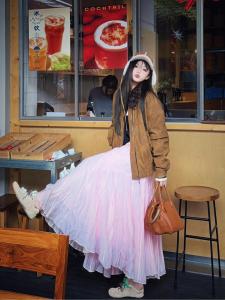 Nabi French Style Heavy Work Pink Half Skirt Womens Full A-Line Fairy Skirt High Waist Midi Skirt Commute Pure Color Other Material
