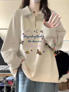 Spring Autumn Polo Collar Half Zip Long Sleeve Thin Sweatshirt Womens Korean Style Lazy Style Student Casual Loose Fit Top