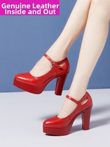 ZHUONILA | Red Large Size Wedding Shoes Genuine Leather Waterproof Platform Chunky Heel 41-43