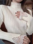 Womens Lace Trim Knitted Sweater Half High Collar Base Layer Inner Wear Autumn Winter New Style Small Fragrance Wind Top