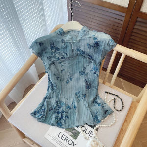PAIBOLI | Unique Chinese Style Qipao Top Blue Floral Print Short Sleeve Shirt