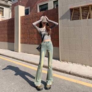 Light Wash High Waist Bell Bottom Jeans for Women Summer 2024 New Style Fashionable Slimming Distressing Cotton Blend Denim