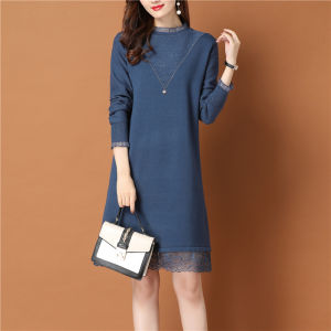 plus Size Womens Knitted Wool Dress Mid-Length Loose Fit Autumn Winter Lace Over-Knee Long Sleeve Crew Neck A-Line Dress