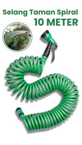 Selang Air Fleksibel Spiral 5 Mode Warna Hijau dengan Kran Taman Panjang 10 Meter