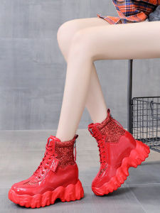 Red Snake Year Fashionable Platform Heightening Womens Shoes Casual Sports Shoes round Toe High Heel PU Leather Upper