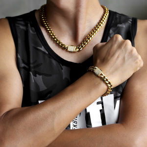 KRKC & CO CZ Stone Zircon Buckle 24Inch 12Mm 18K Gold Plated Stainless Steel Miami Cuban Link Chain