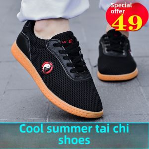 Mens Tai Chi Shoes Chenjiagou Bull Tendon Sole Genuine Leather Breathable Summer Training Martial Arts Shoes Mesh Upper