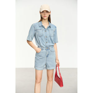 AMII | Vintage Distressed Cotton Lapel Shoulder Dropping Womens Romper