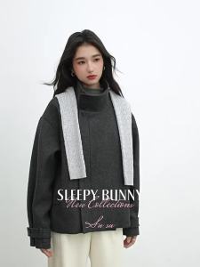 Gray High-collar Dropping-shoulder Leisure Lazy Short-style Coat Outerwear