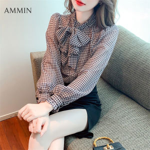 AMMIN 2023 New Fashion Loose Versatile Bow Ribbon Plaid Silk Top Korean Style Womens Long Sleeve Temperament Loose and Thin Casual Office Houndstooth Silk Shirt