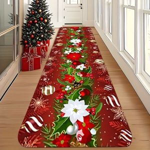 VIKAMA Christmas Poinsettia Holly Runner Rug Non‑Slip Easy Clean Hallway Entryway Long Floor Mat Holiday Home Decoration