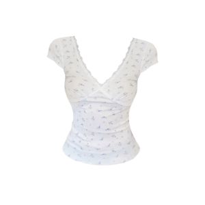 YUEZHONGWEI | French Floral V-neck Lace Splice Cross Short Sleeve T-shirt Women Summer Unique Beautiful Waist-cinched Slim Short Top