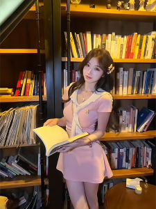 NINGXI | French Sweet College Style Short Dress Slimming