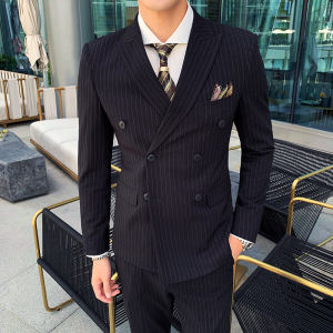 GUKENRO Male 3PCS Blazer High End Pinstripe Birthday Groom Wedding Office Business Corporate Smartly Suit Set For Men