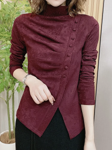Fashionable Design Long Sleeve Half High Collar Autumn Winter Womens Base Shirt Embroidered Asymmetrical Shoulder Button Detail