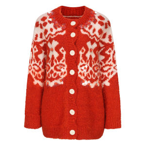 New Year Red Knitted Sweater With 3D Flower Decoration