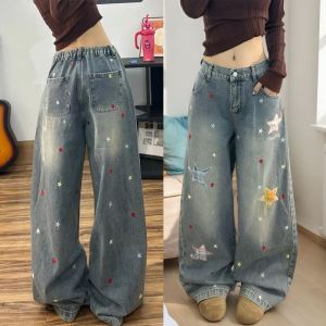 Quần Jeans Baggy Thêu Sao Graffiti Nam Mùa Xuân Phong Cách Đường Phố Retro Ống Rộng Chất Liệu Denim Kiểu Dáng Y2K Vintage Dài Chấm Gót Chất Liệu Polyester