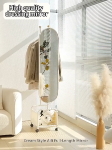Rolling Clothes Rack with Full-Length Mirror Storage Basket and Side Hooks Freestanding Garment Organizer for Bedroom