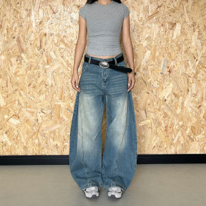American Washed Wide Leg Knife Pants Womens Vintage Vibe Loose Floor-Length Jeans Casual Style Low Waist Zipper Closure