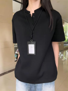 Black Henry Collar Short Sleeve Mens T-Shirt Cleanfit Heavyweight Structured Boxy American Style Half Sleeve Cotton Polyester