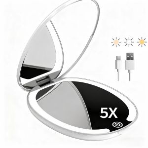 กระจกแต่งหน้าแบบพกพาพร้อมไฟ LED กระจกขยาย 5 เท่า กระจกแต่งหน้าขนาดเล็กน่ารัก กระเป๋าไฟ 3 สีแบบสองด้าน พกพาสะดวก