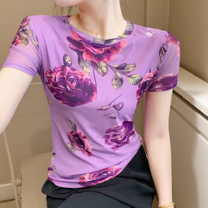 Yimei lưới ngắn tay in T-Shirt cho phụ nữ mùa hè và mùa phong cách Châu Âu phong cách áo cổ tròn với một ôm vừa và đàn hồi phù hợp 2025 phong cách mới