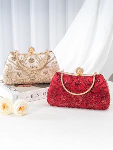 Beige Embroidered Wedding Evening Bag Fashionable Chinese Style Handbag for Elderly Women Square Shape Alloy Lock Buckle