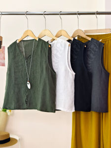 XIAOER | Áo Thun Voan Linen 100% Thêu Ren Vòng Cổ V Không Tay cho Nữ