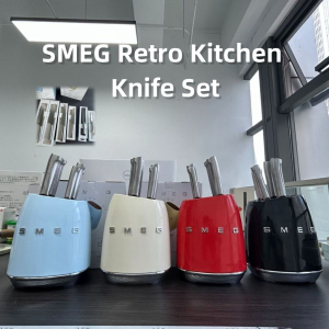 24H SHIP) SMEG Knife Holder Set Smag Vintage Stainless Steel Kitchen Knife Bread Knife Home Kitchen Knife 7 Piece Set Set Pisau SMEG