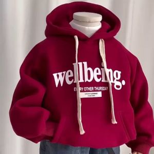 เสื้อกันหนาวโสด เสื้อฮู้ดเด็ก พิมพ์ตัวอักษรสีทึบเวอร์ชั่นเกาหลี เสื้อสเวตเตอร์แขนยาวกันความร้อนสำหรับเด็ก 23722