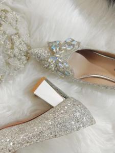 Silver Crystal Bridal Shoes Comfortable Chunky Heel Wedding Footwear Elegant Fashion Single Shoes for Brides Sharp Pointed Toe