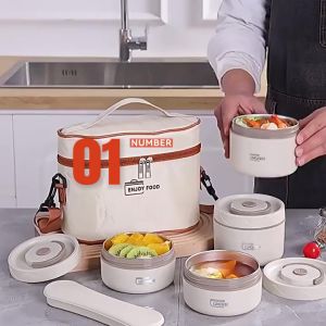 (Dengan Tas) 1 set 304 Kotak Makan Siang Bento Portabel Tahan Bocor Gaya Jepang Round Stainless Lunch Box Cream Rice Container Sealed Food Box Small School Picnic Box/ Tempat Makan Bulat Krim