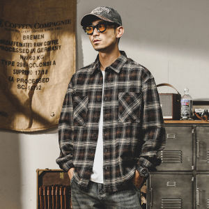 American Style Retro Plaid Long Sleeve Cotton Shirt Mens Casual Loose Fit Versatile Spring Autumn Outerwear for Youth
