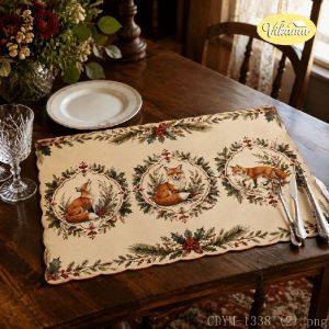 VIKAMA Christmas Cute Fox Placemat Red Scarf Berry Table Mat Dining Kitchen Holiday Home Decor Aesthetic Art Large Premium Cute