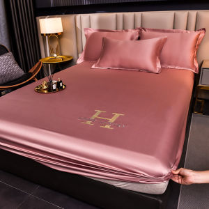 Luxury Satin Fitted Sheet Embroidered Solid Color Mattress Cover with Elastic Band Bed Sheet Bed Linen High-end Rayon Bedsheet