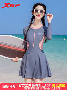 XTEP Womens One-Piece Swimsuit 2025 Fashion Summer Conservative Belly Cover Slimming Skirt Long Sleeve Hot Spring Beachwear