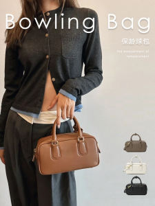 Miu Home Retro Bowling Bag Genuine Leather Ladies Handbag Crossbody Small Square Boston Bag Soft Hard Handle Zipper Closure