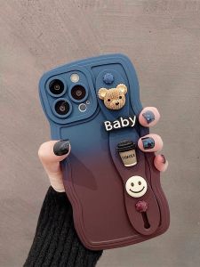 Gradient Smile Bear Phone Case for iPhone 14 pro Max Apple 13 Silicone Protective Cover with Wristband Skin-like Wave Edge Anti-fall
