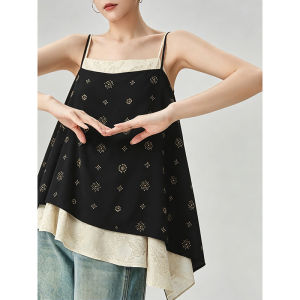 GULILI | French Square Neck Black Contrast Pseudo Layered Printed Slim Strap Camisole