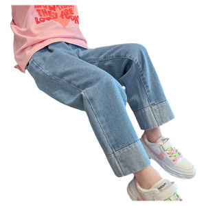 Quần Jeans Denim Ống Thẳng Rộng Thời Trang Cho Bé Gái Quần Dài Mùa Xuân Thu Cho Trẻ Em Cotton Polyester Dáng Ống Rộng Thoải Mái
